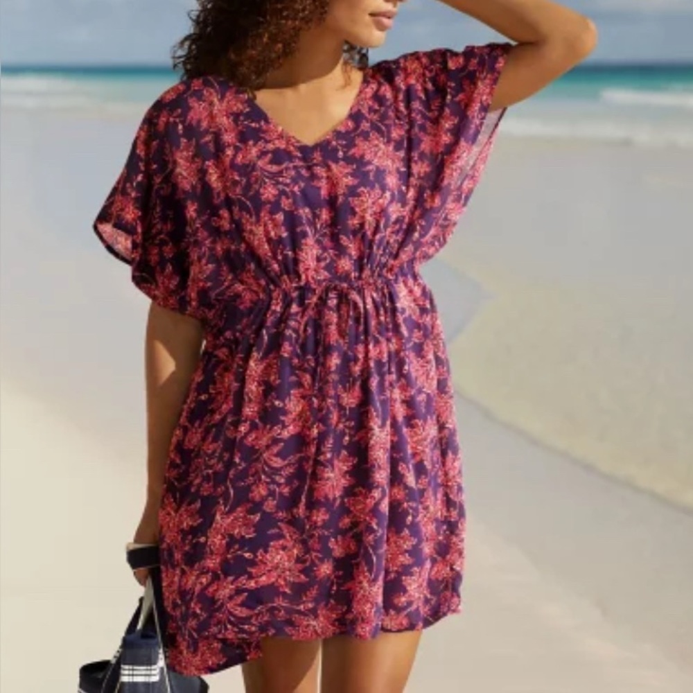 Lands End Short Sleeve Cover Up Mini Dress‎ Floral Adjustable Tie Waist